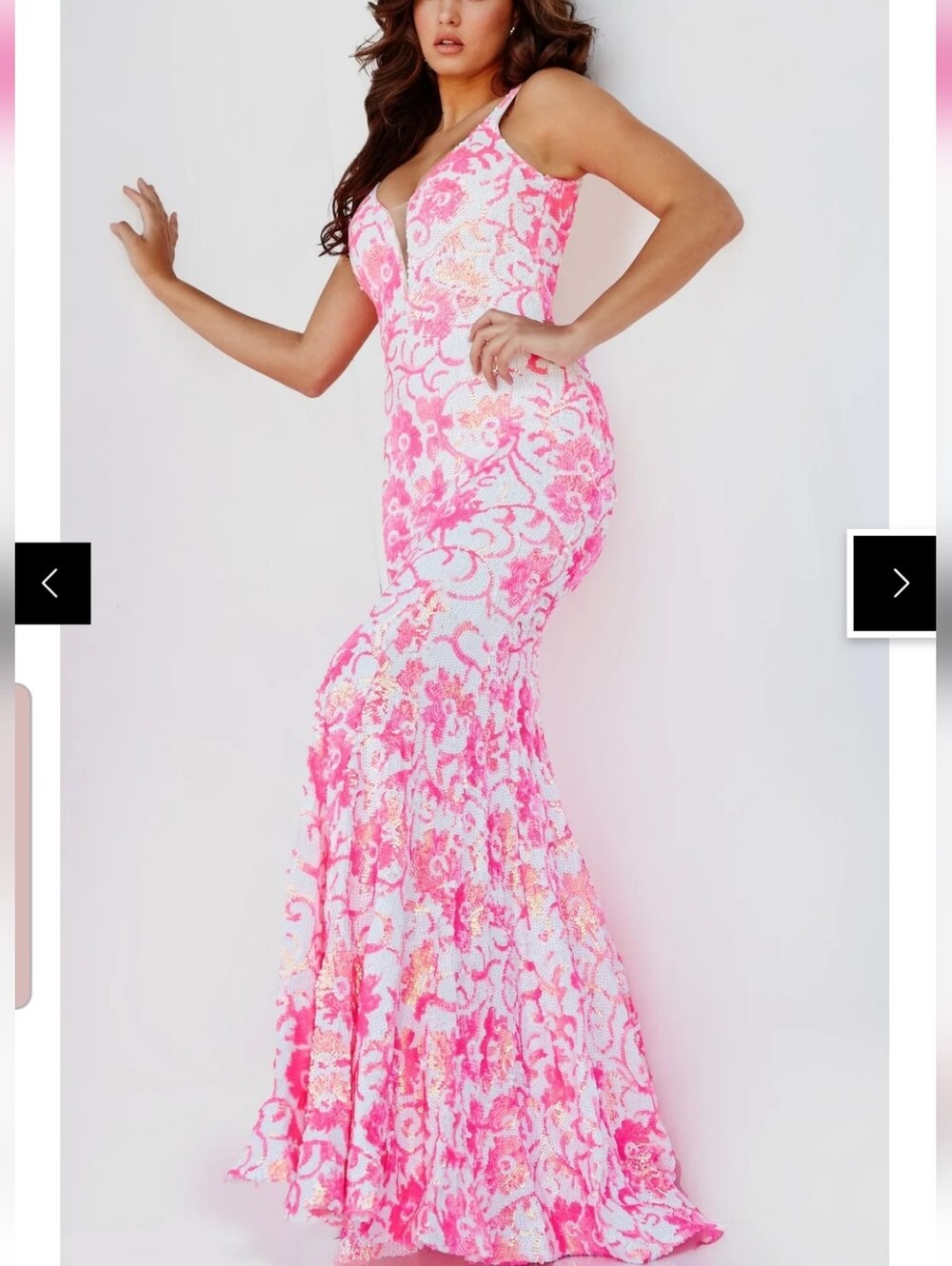 Size 4 Flourescent Pink And White Sequin One Shoulder Floral Pattern Sheath Gown